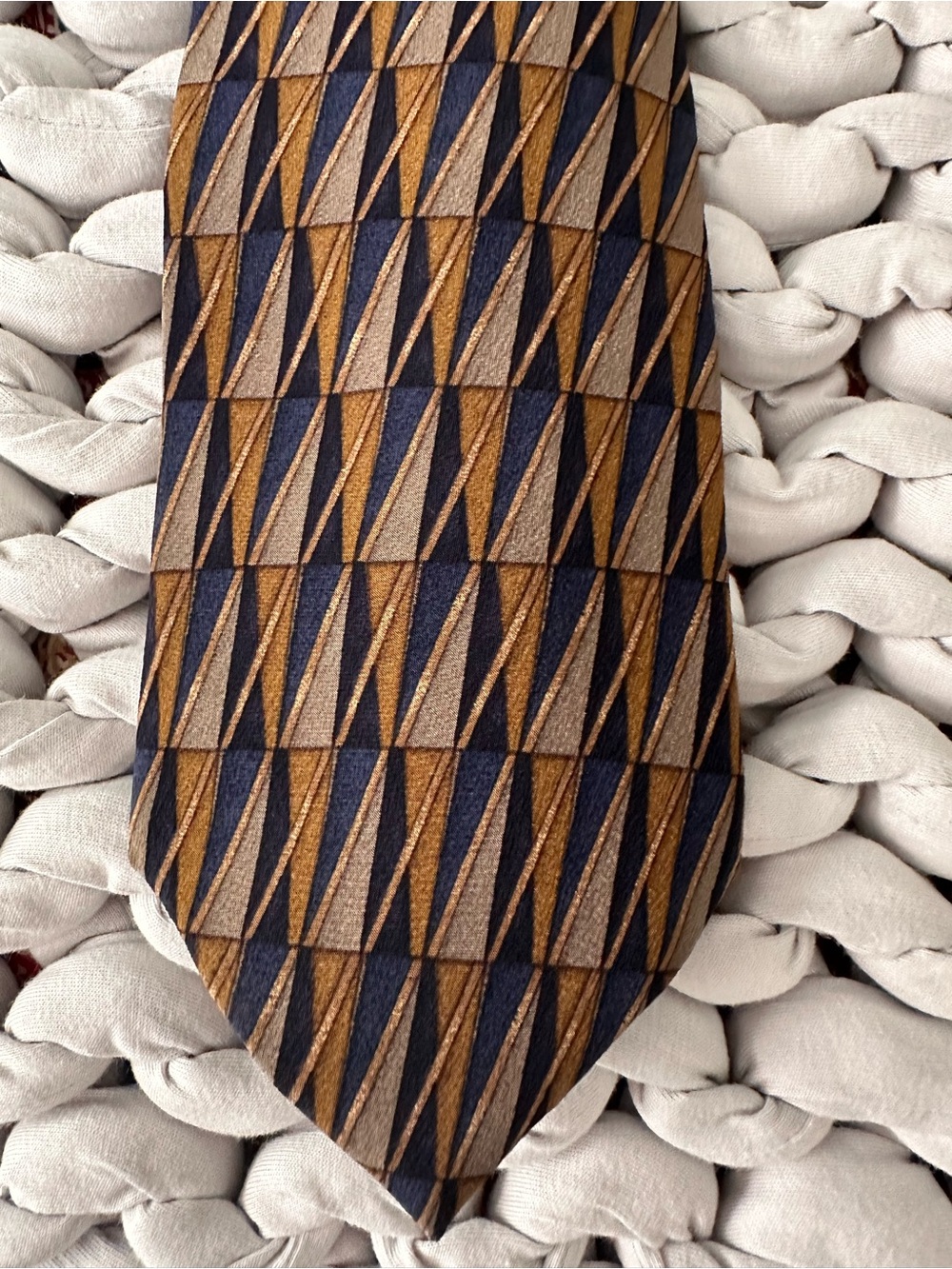 Vintage Geoffrey Beene Navy, Gold and Gray Geometric Silk Tie